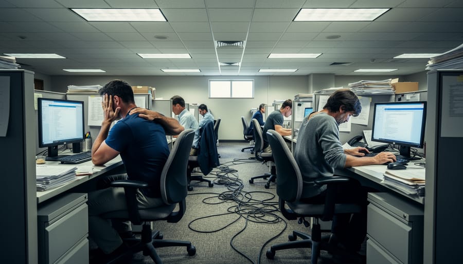 Dimly lit traditional office cubicles with fluorescent lighting creating an uninviting workspace