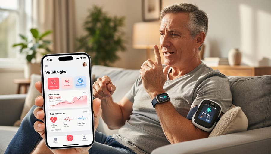 Blood pressure monitor and glucose meter on bedside table in home setting