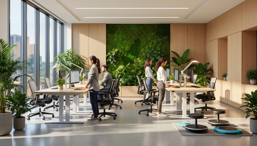 Modern office space with natural lighting, plants, and standing desk featuring happy professional worker