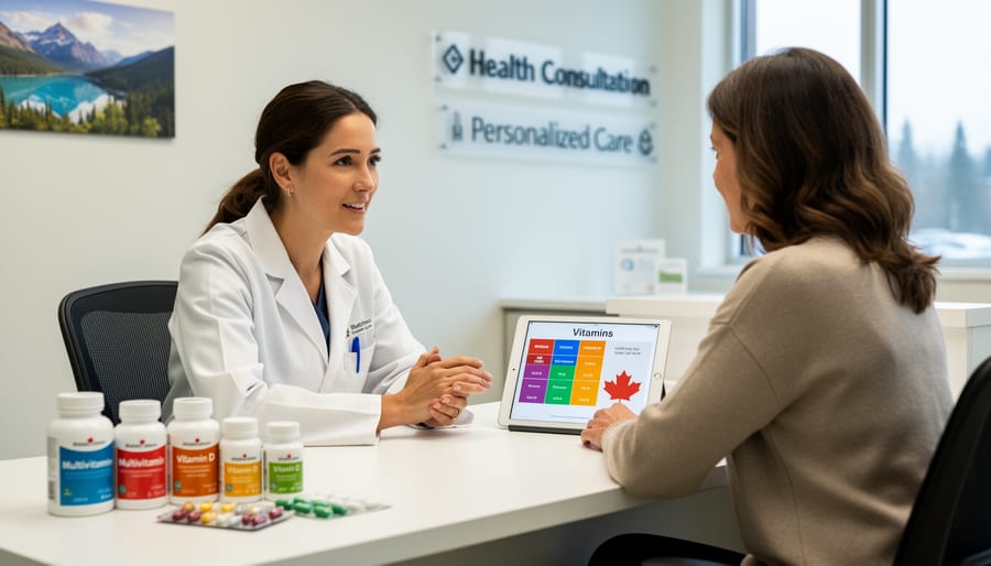 Pharmacist consulting with patient about multivitamin selection in Alberta pharmacy