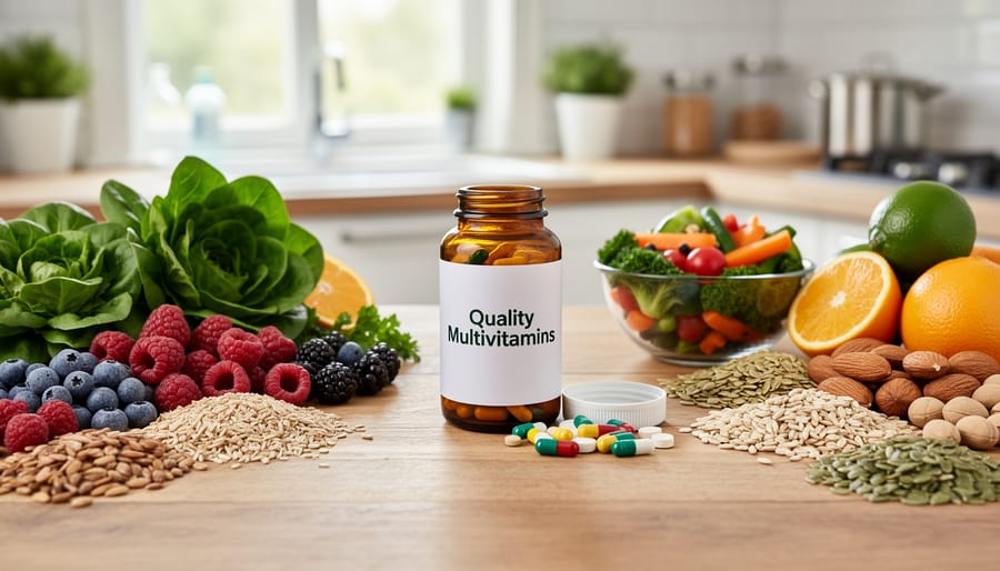Multivitamin supplements with fresh whole foods including berries, leafy greens, and nuts
