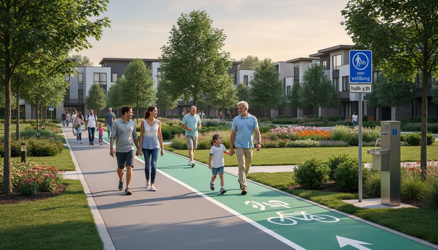 A family walking on a tree-lined river trail with green space and modern buildings in the background
