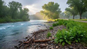 Storm-washed riverbank along an Alberta shoreline with fresh green vegetation returning under natural daylight.