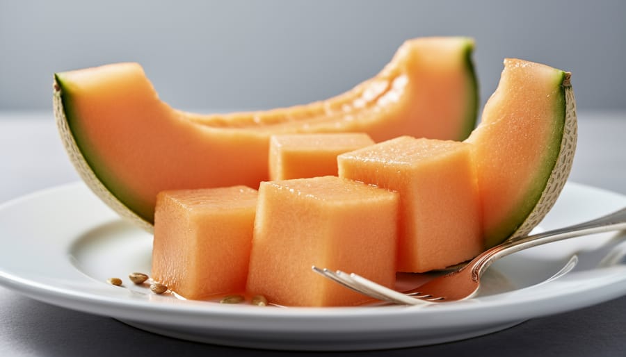 Cantaloupe halves on a wooden cutting board with orange flesh and rind under natural light.
