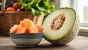 Close-up of cubed cantaloupe in a bowl with a halved cantaloupe beside it, photographed in soft natural light with fresh produce in the background.