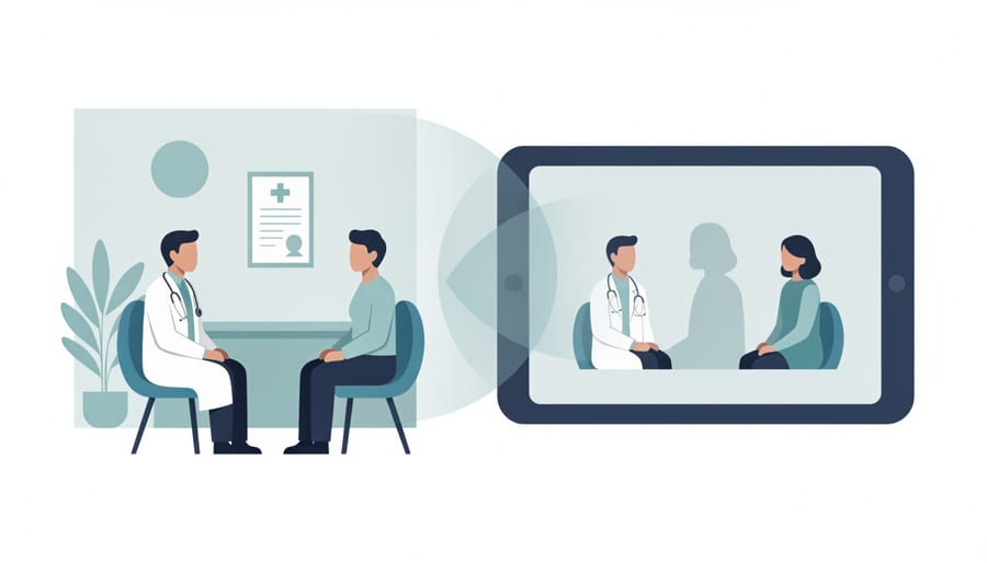 Clinic entrance at dusk with a clinician holding a tablet, suggesting telehealth support alongside in-person services.