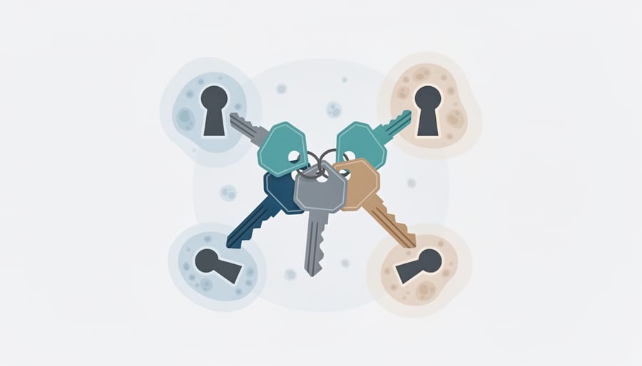 Close-up of interlocking keys with one key partially inserted into a metal lock