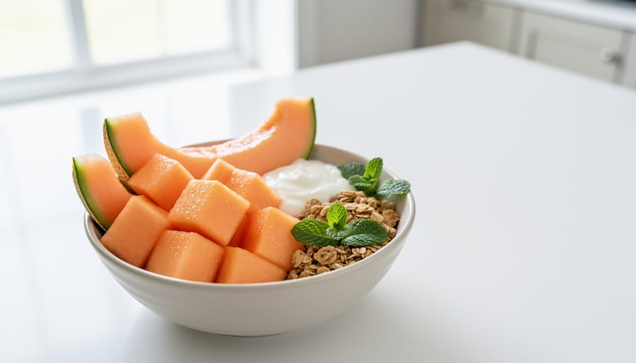 Fruit bowl with cantaloupe cubes and other ingredients on a table in warm sunlight.