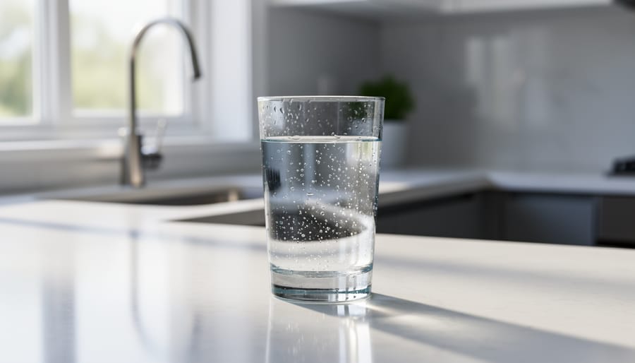 Glass of water being filled from a modern kitchen faucet, showing clear water in the foreground
