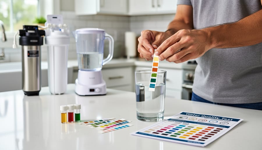 Gloved hands holding a water sample bottle near a kitchen sink for water testing