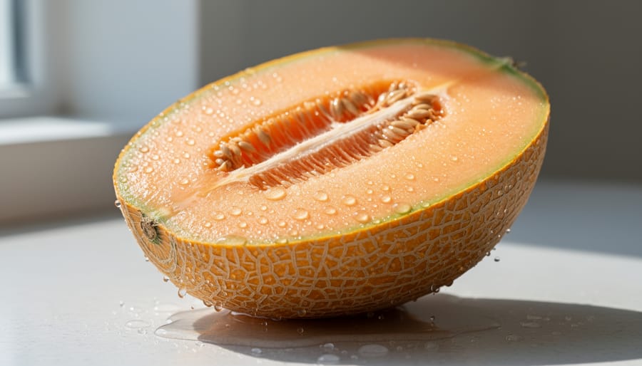 Macro close-up of ripe cantaloupe with water droplets on the rind held over a kitchen sink.