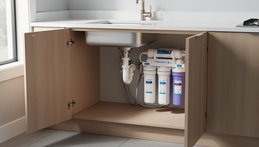 Open kitchen cabinet showing an under-sink water filtration system installed beneath the sink