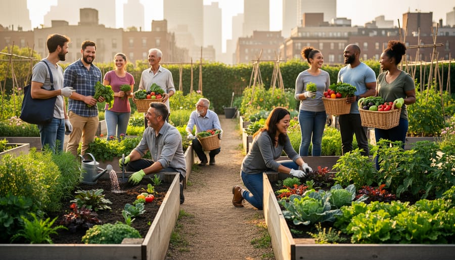 People tending raised garden beds at a community garden in Alberta