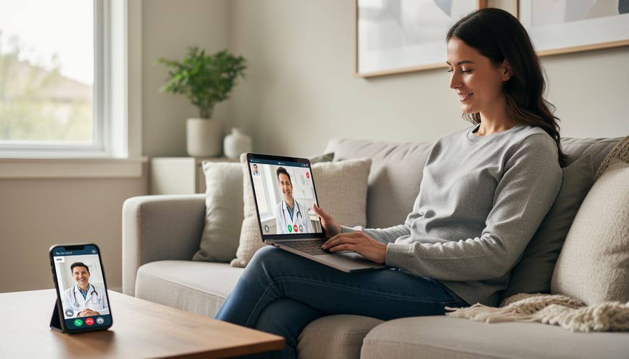 Person using a laptop and smartphone for a telehealth video call at home in Alberta.