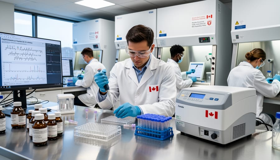 Researcher holding a vial rack in a clean laboratory setting
