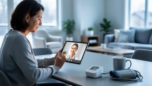 “An Alberta resident at home participates in a video health consultation on a tablet while a blood pressure monitoring cuff sits nearby.”