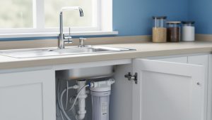 Under-sink water filtration system installed beneath a modern kitchen sink with visible filter unit and tubing.