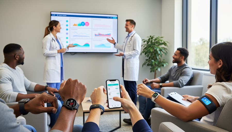 Wearable smartwatch and health tracking devices on a desk with a tablet in the background.