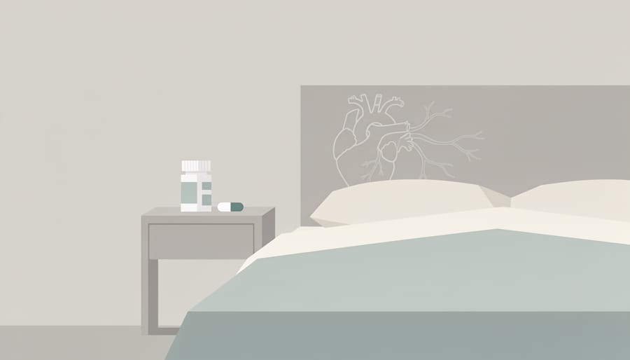 Hand near a medication bottle and water glass on a bedside table in a quiet bedroom.