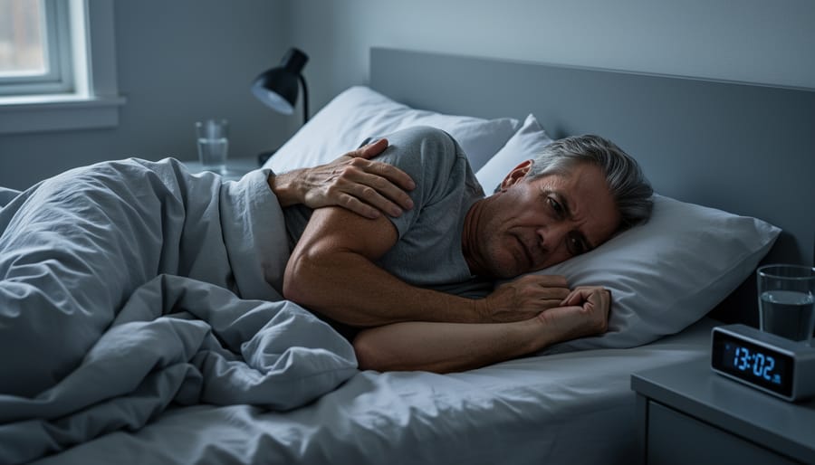 Bedside alarm clock glow with a person sitting upright in bed appearing worn and strained