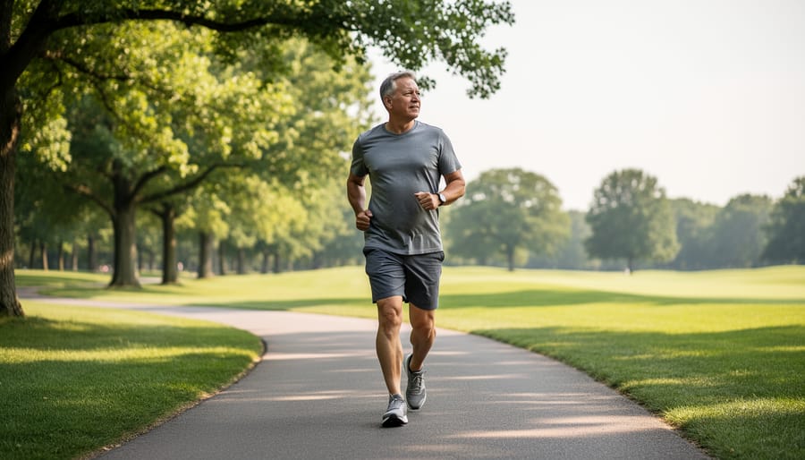 Man briskly walking in a park during golden hour sunlight.