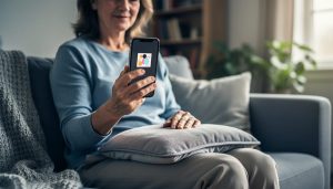 Person sitting on a living-room sofa with a heating pad, holding a smartphone with an unreadable meme thumbnail, surrounded by cozy home items.