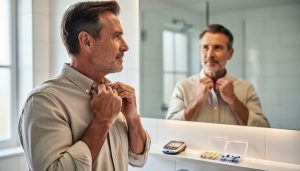 Middle-aged man standing by a bathroom mirror with a calm, hopeful expression, with subtle healthcare items like a glucose meter and medication organizer softly blurred in the background.