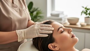 Spa technician’s hands gently massaging a client’s scalp during a head spa treatment in a clean, relaxing room.