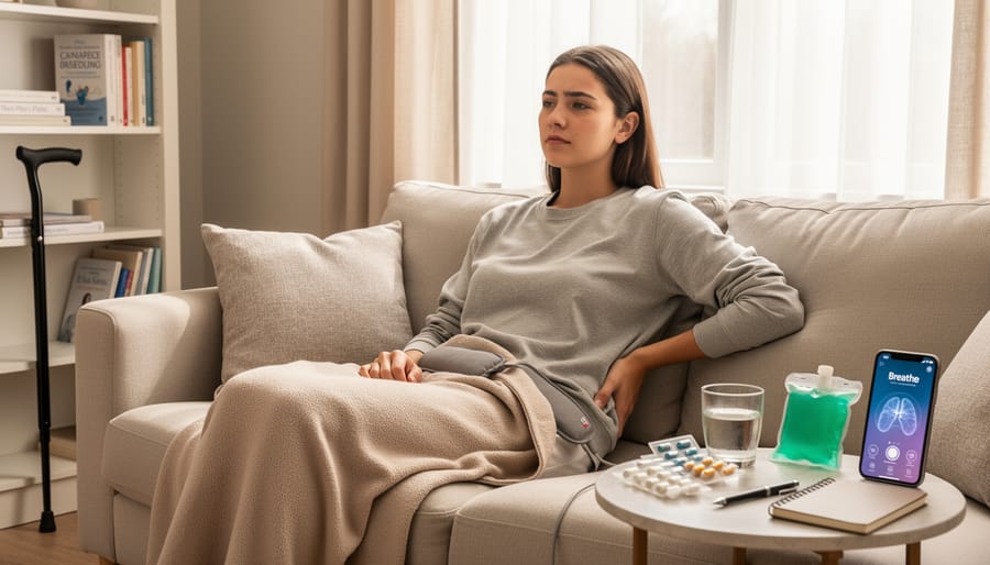 Person sitting on a sofa at home holding a smartphone near a heating pad