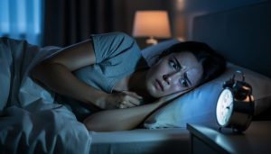Person lying awake in bed at night with a dim alarm clock on the nightstand, looking stressed and unable to sleep, in a dark bedroom lit by cool blue light.