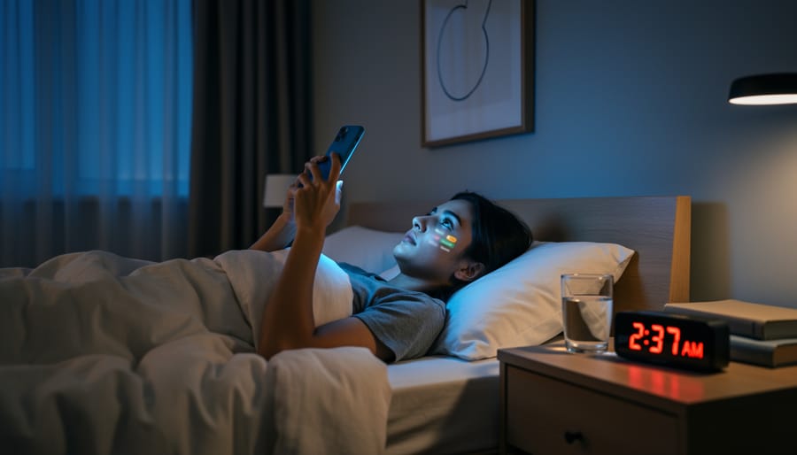 Close-up of a glass of water and a smartphone on a dinner table in a softly lit home