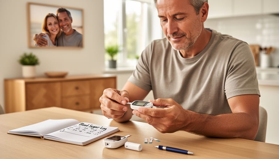 Man checking blood sugar with a glucose meter at a kitchen table.