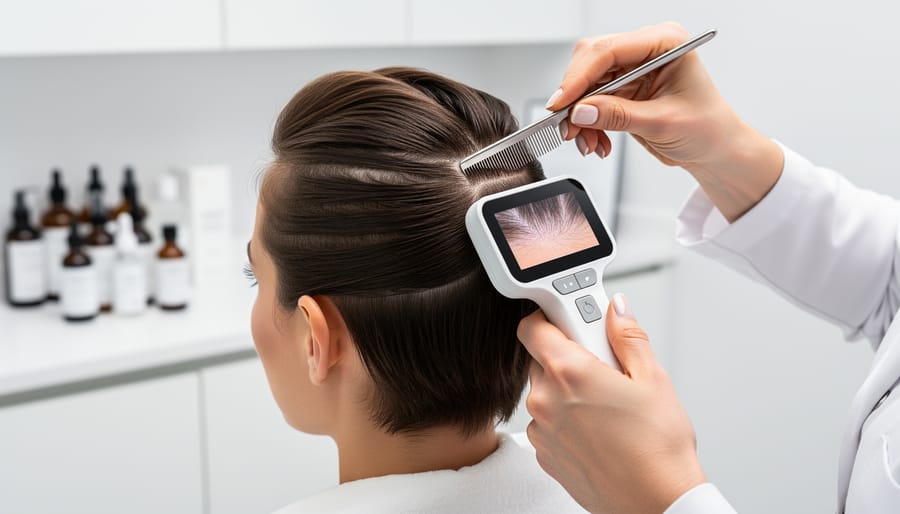 Close-up of scalp analysis during a head spa appointment