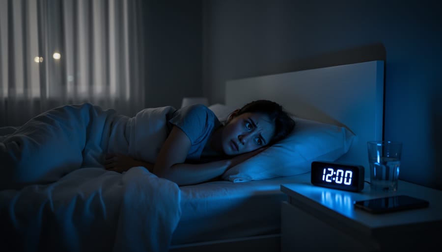 Person lying awake in bed at night with an alarm clock out of focus, looking stressed and unable to sleep