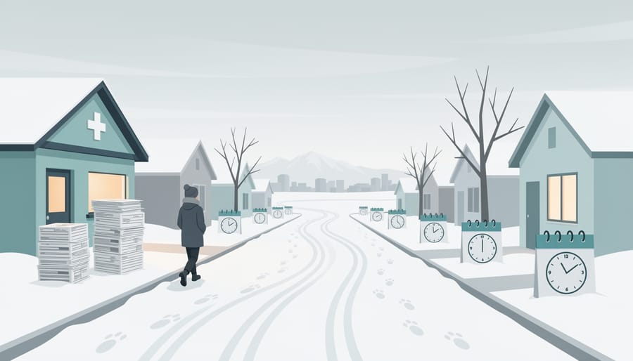 Gloved hand holding papers on a snowy winter sidewalk with footprints and buildings in the background