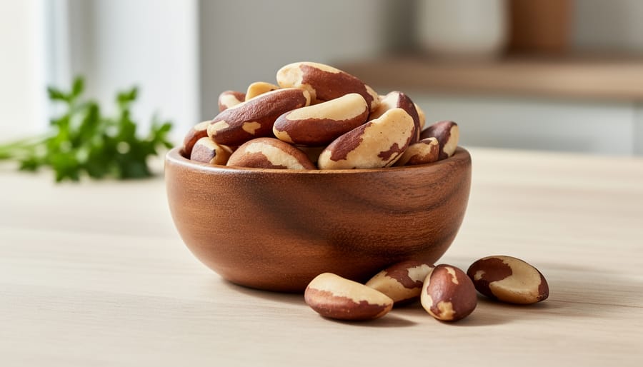 Brazil nuts in a wooden bowl on a light cloth