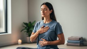 Person seated in a calm room practicing breathwork with eyes closed and hands on chest and abdomen, shown in soft natural light.