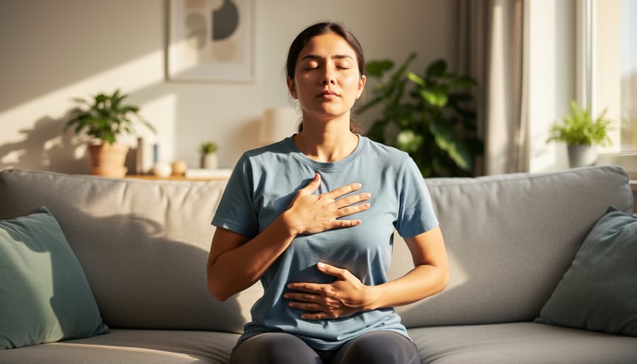 Adult seated on a yoga mat with eyes closed and hands resting on the abdomen in a quiet room, practicing controlled breathing.