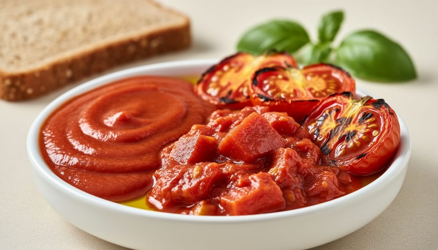 Close-up of tomato paste on a spoon with tomato sauce ingredients in the background