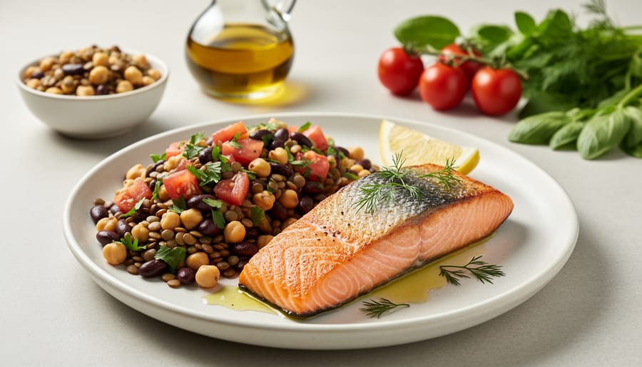 Home-cooked meal with lentils and wild salmon on a table