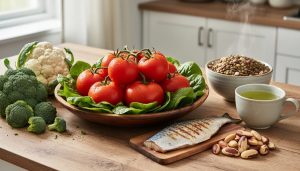 Prostate-health focused assortment of tomatoes, broccoli, cauliflower, leafy greens, lentils, Brazil nuts and mixed nuts, green tea, and fatty fish on a rustic wooden table.