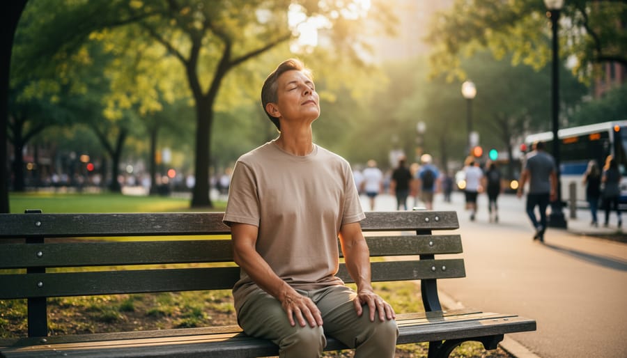Person standing in a snowy winter park with relaxed posture, mindful breathing in the morning light.
