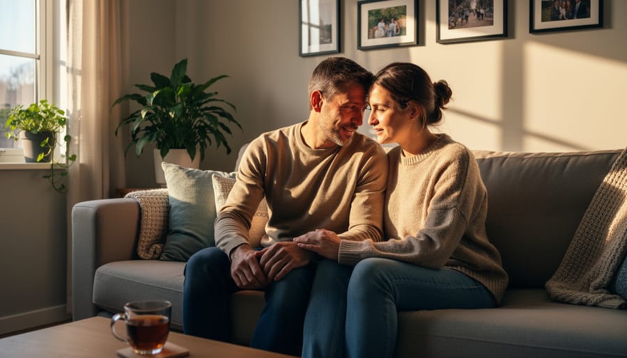 A couple shares a calm, affectionate moment at home in warm natural light.
