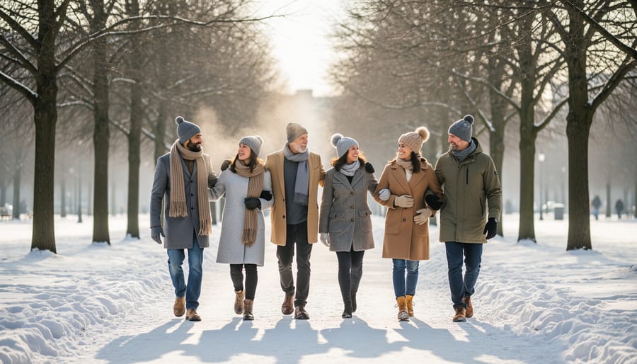Friends or family bundled in winter clothing walk together on a snowy path, holding hands and smiling.