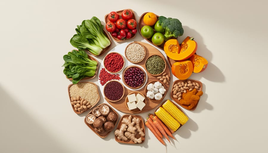 Assorted fresh whole foods including leafy greens, carrots, mushrooms, ginger, and citrus arranged in a wooden bowl on a kitchen table