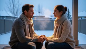 Two people sitting closely and holding hands indoors with a softly blurred Alberta winter scene visible outside.