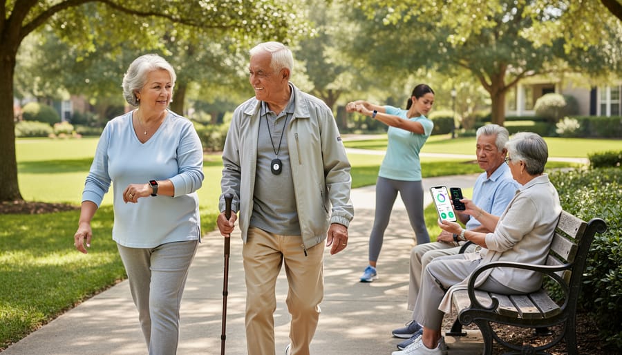 Older adult wearing a health wearable while walking outdoors on a pathway in the morning.
