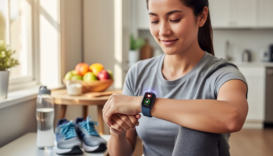 Person wearing a health smartwatch while holding a smartphone at home.