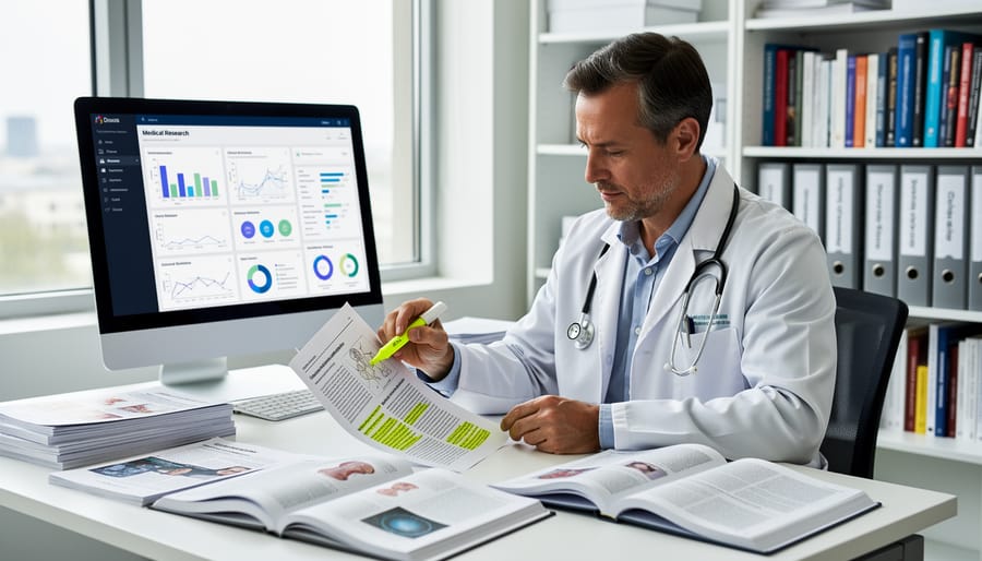 Researcher reading an open medical journal in a quiet library setting with a stethoscope visible