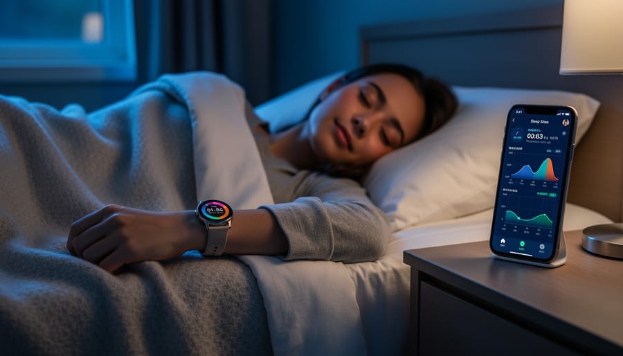Smartwatch on a nightstand near an alarm clock in a dimly lit bedroom.